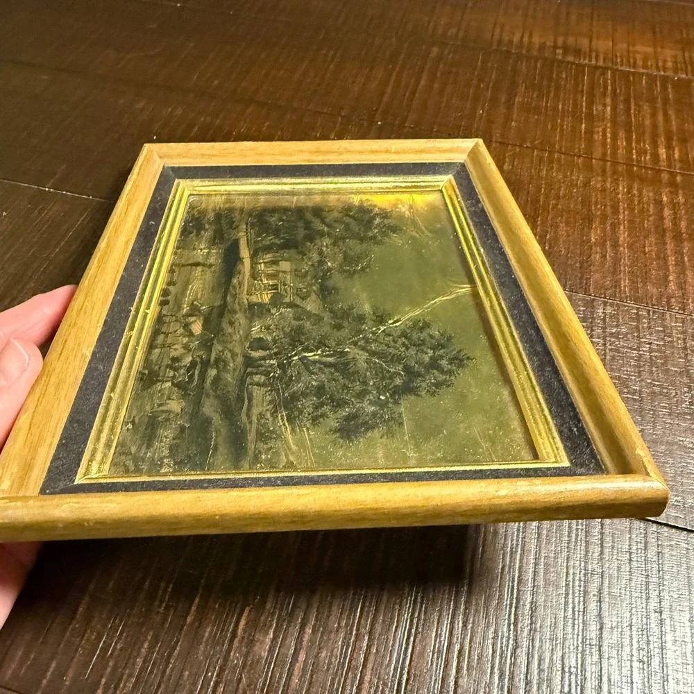 Vintage Currier & Ives Gold‎ Foil Etched Art Farmhouse Landscape Wood Frame 6x8